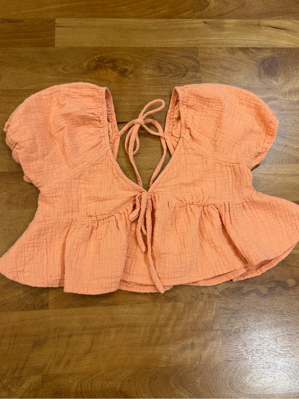 miami Peach Tie-Back Peplum Puff Sleeve Crop Top Size Large